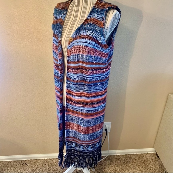 Ethereal by Paper Crane Duster Cardigan Medium Knit Open Sweater Blue Copper - Picture 9 of 16